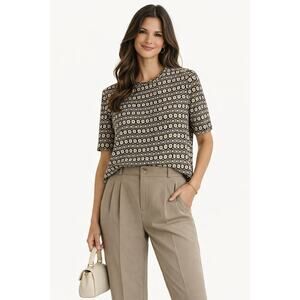 Nora Noh Womens Size 12 Silk Blouse Black Cream Pattern Short Sleeve